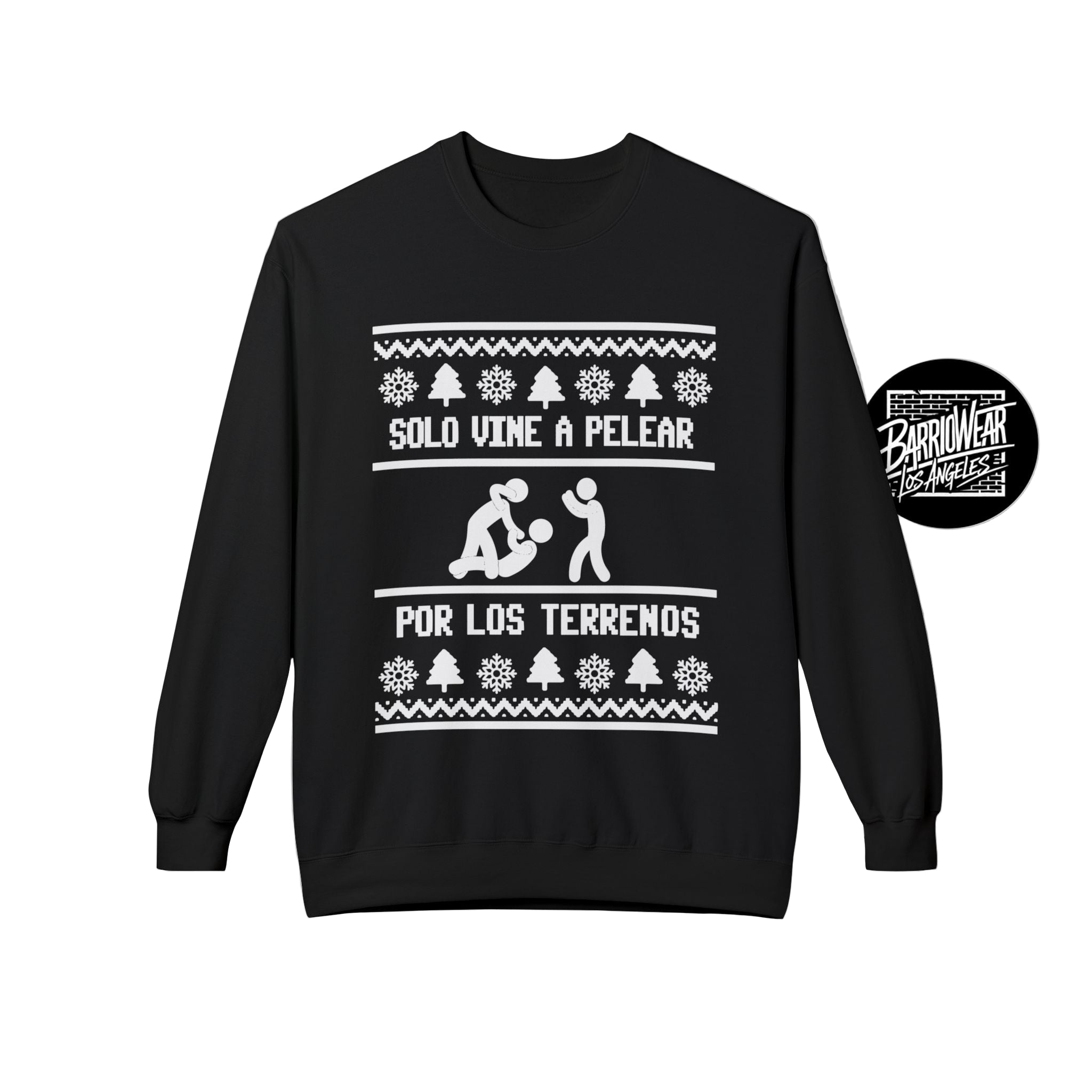 Black sweatshirt with white text and graphics on a gray background