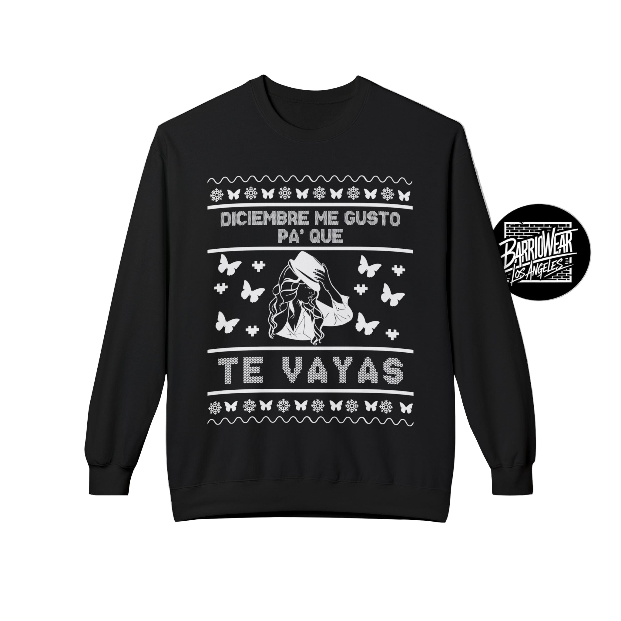 Black sweatshirt with white graphic and text on a light gray background