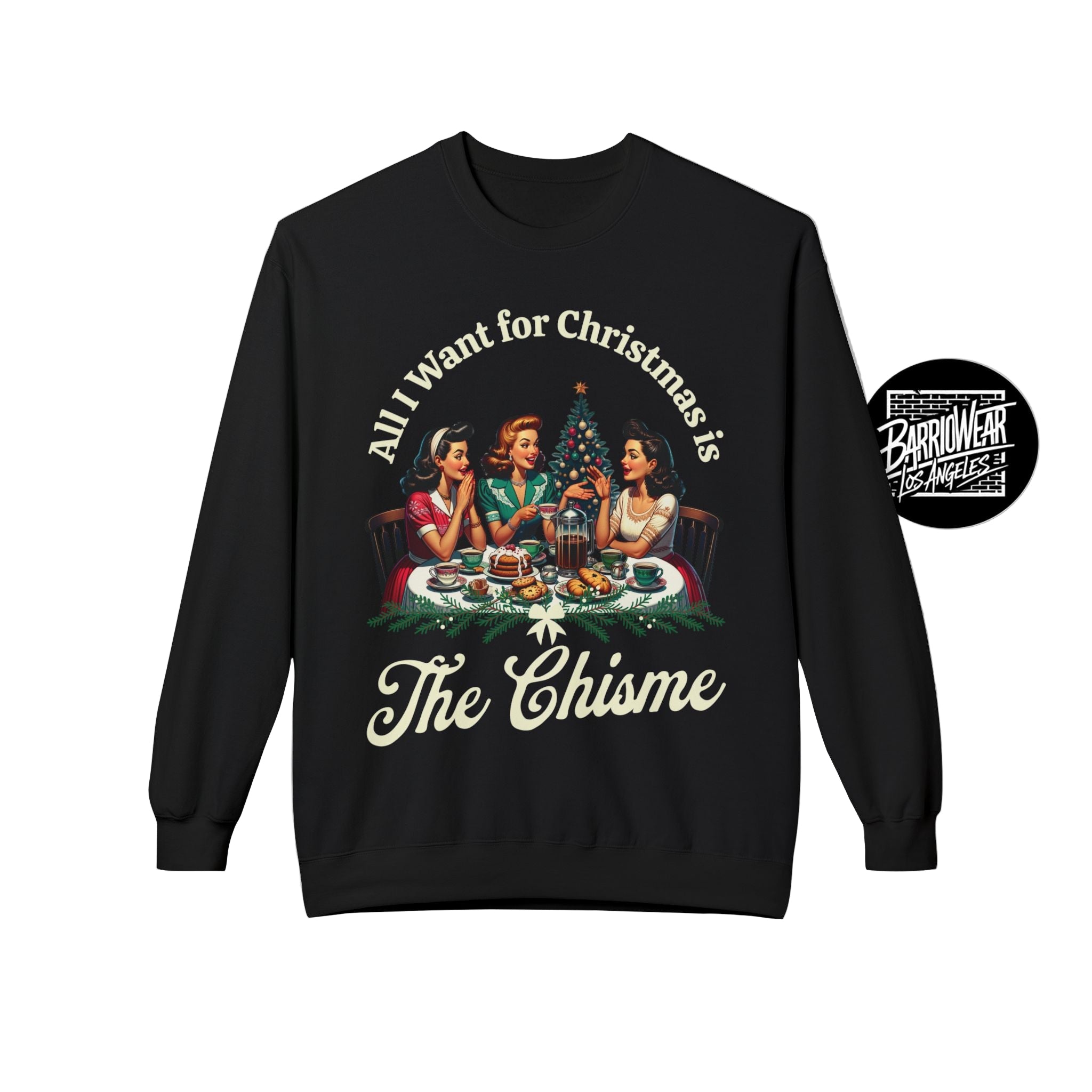 Black sweatshirt with Christmas-themed graphic and text on a light gray background