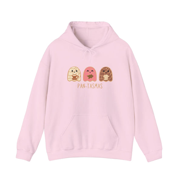 Pink hoodie with cartoon designs and text 'Pan-Tasmas' on a gray background, featuring a brand logo.