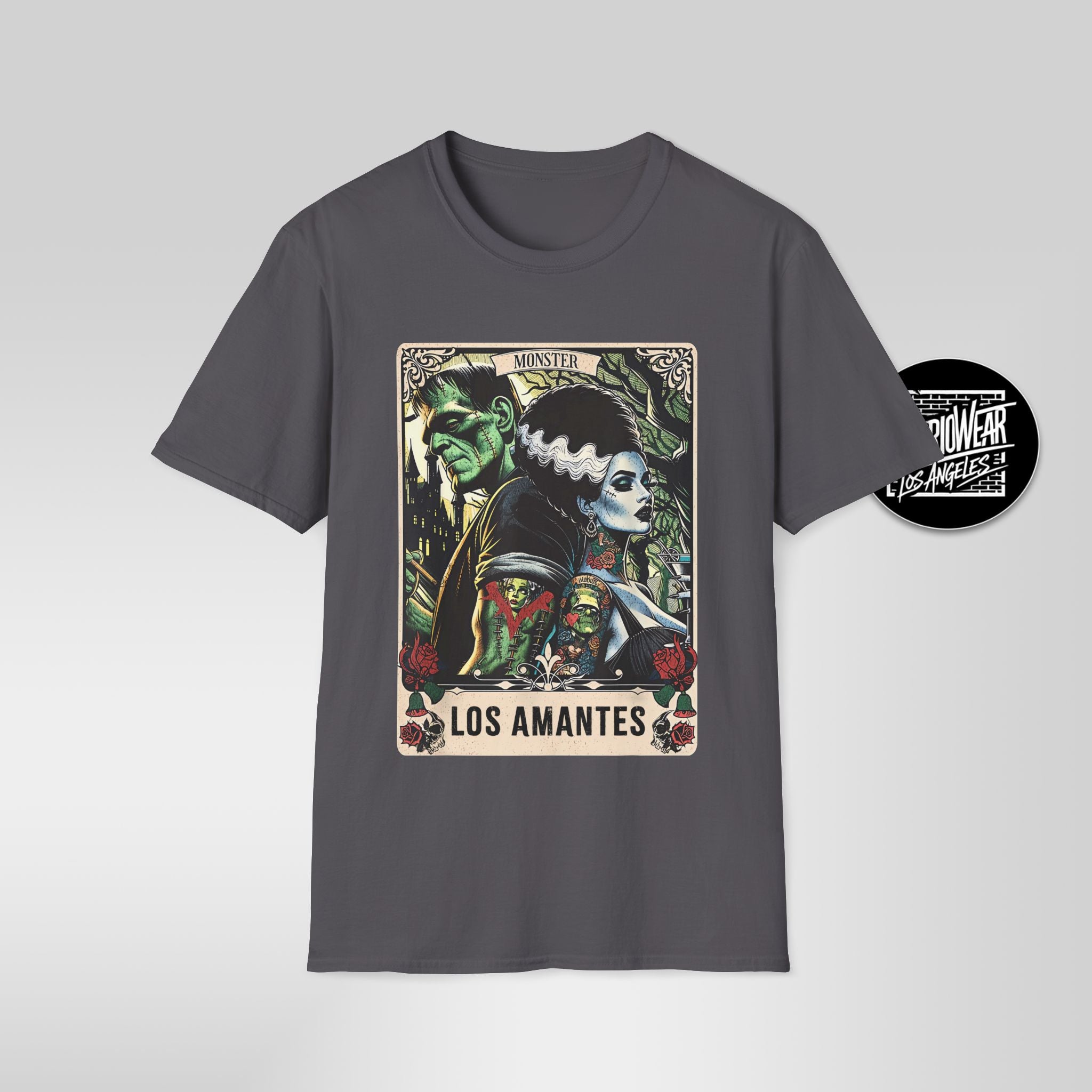 Los Amantes – Lotería Style Frankenstein & Bride Halloween Tee