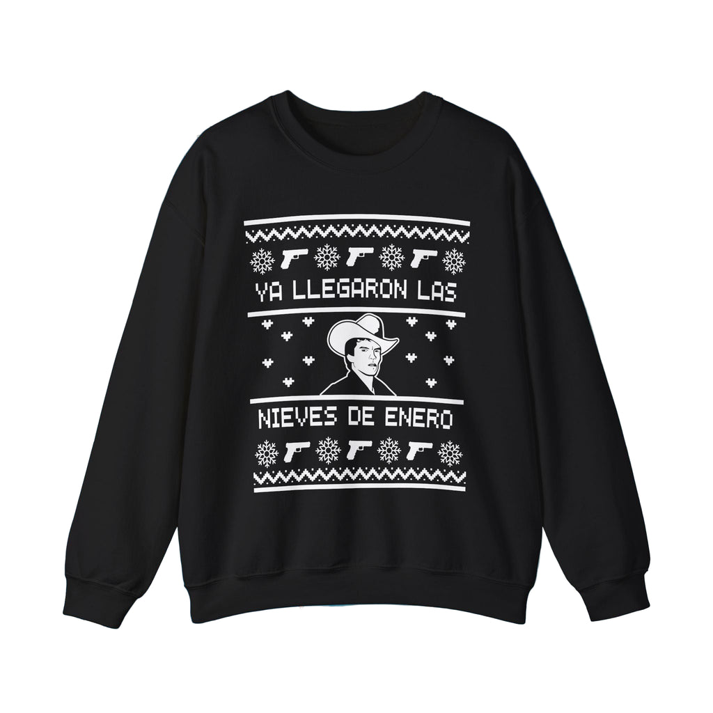 A black sweatshirt with a graphic design featuring the phrase 'Ya Llegaron las Nieves de Enero' and an illustration of a person's face, surrounded by snowflakes on a blue and white background.