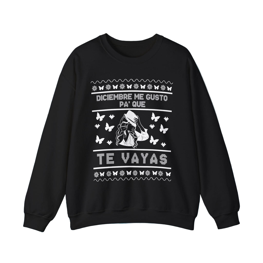 A black sweatshirt with text and graphic design related to the song 'Diciembre Me Gustó', featuring a white background with snowflakes and a graphic of a person holding a butterfly.