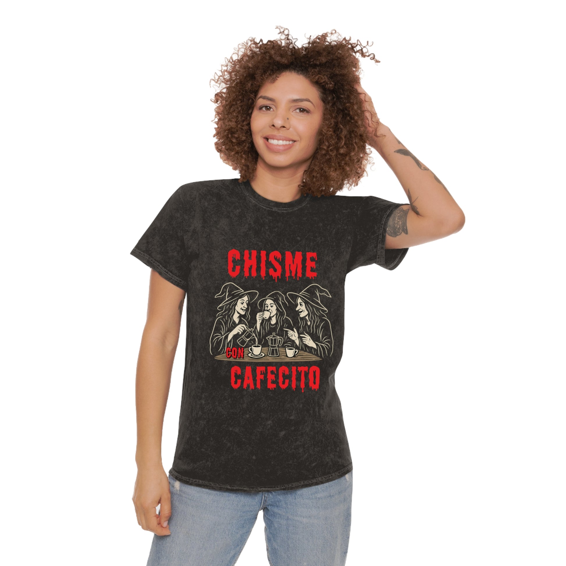 Cafecito & Chisme Witches T-Shirt – Mineral Wash Black Coffee Gossip Tee
