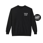 Black sweatshirt with text and a circular logo on a light gray background