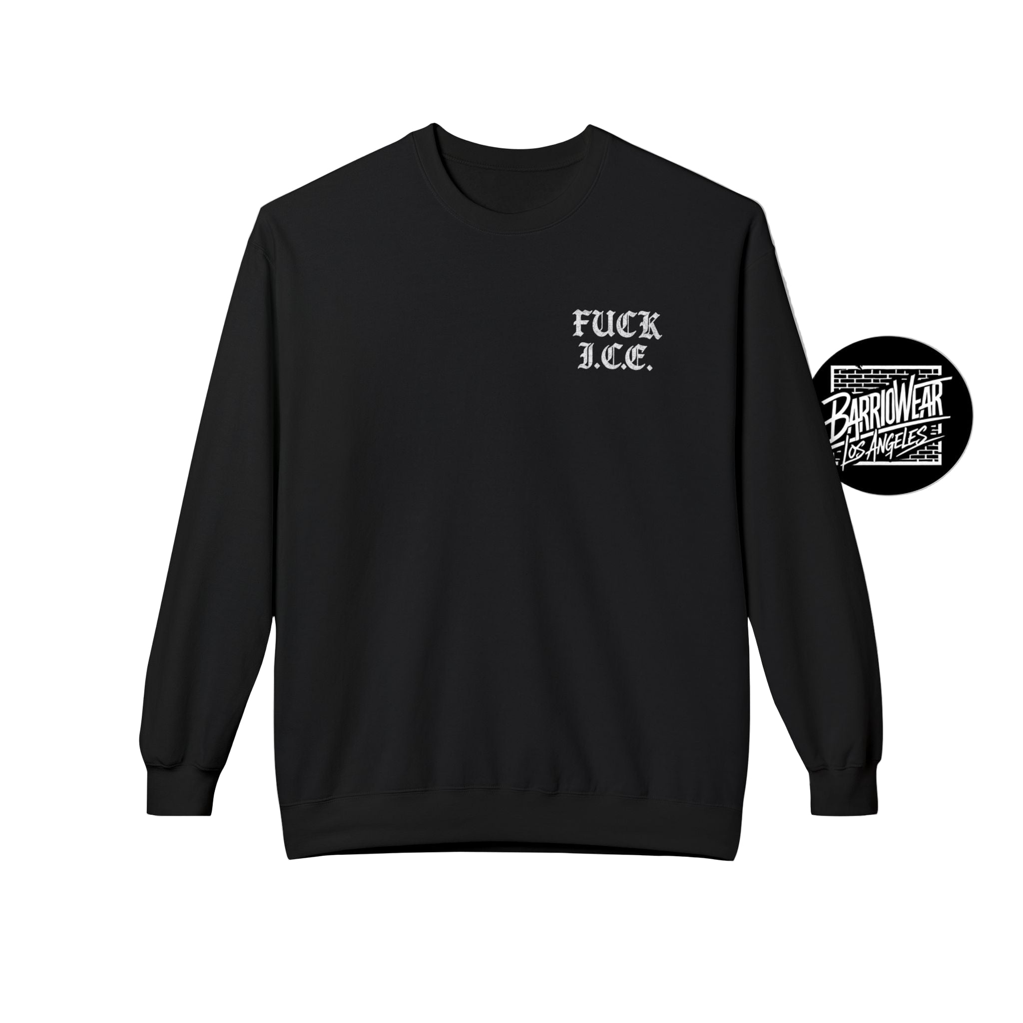Black sweatshirt with text and a circular logo on a light gray background