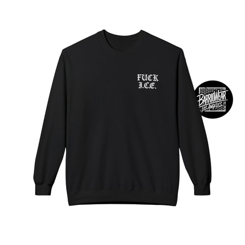 Black sweatshirt with text and a circular logo on a light gray background