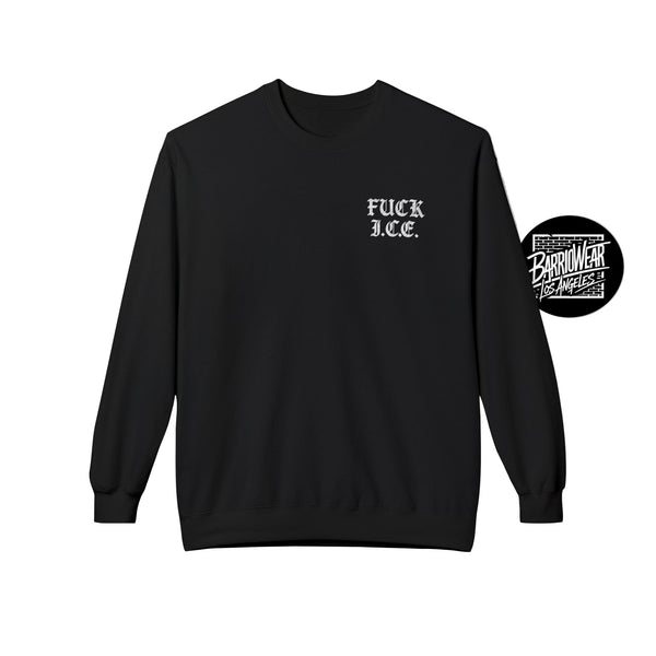 Black sweatshirt with text and a circular logo on a light gray background