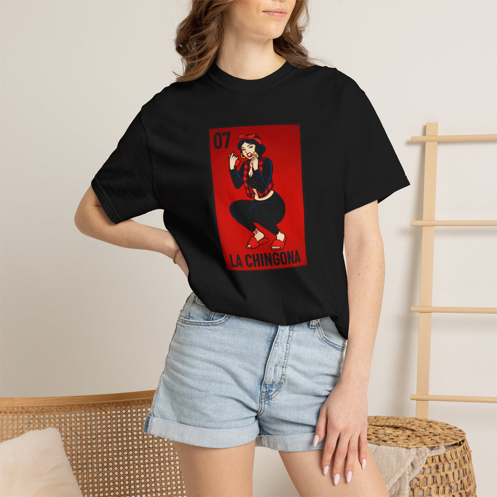 Person wearing a black t-shirt with a graphic design of a woman on a red background.
