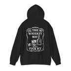 Black hoodie with whiskey-themed graphic and text on a white background
