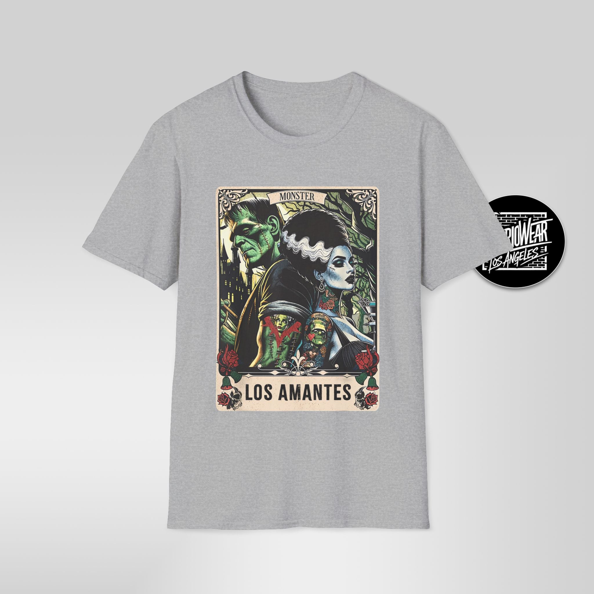 Los Amantes – Lotería Style Frankenstein & Bride Halloween Tee