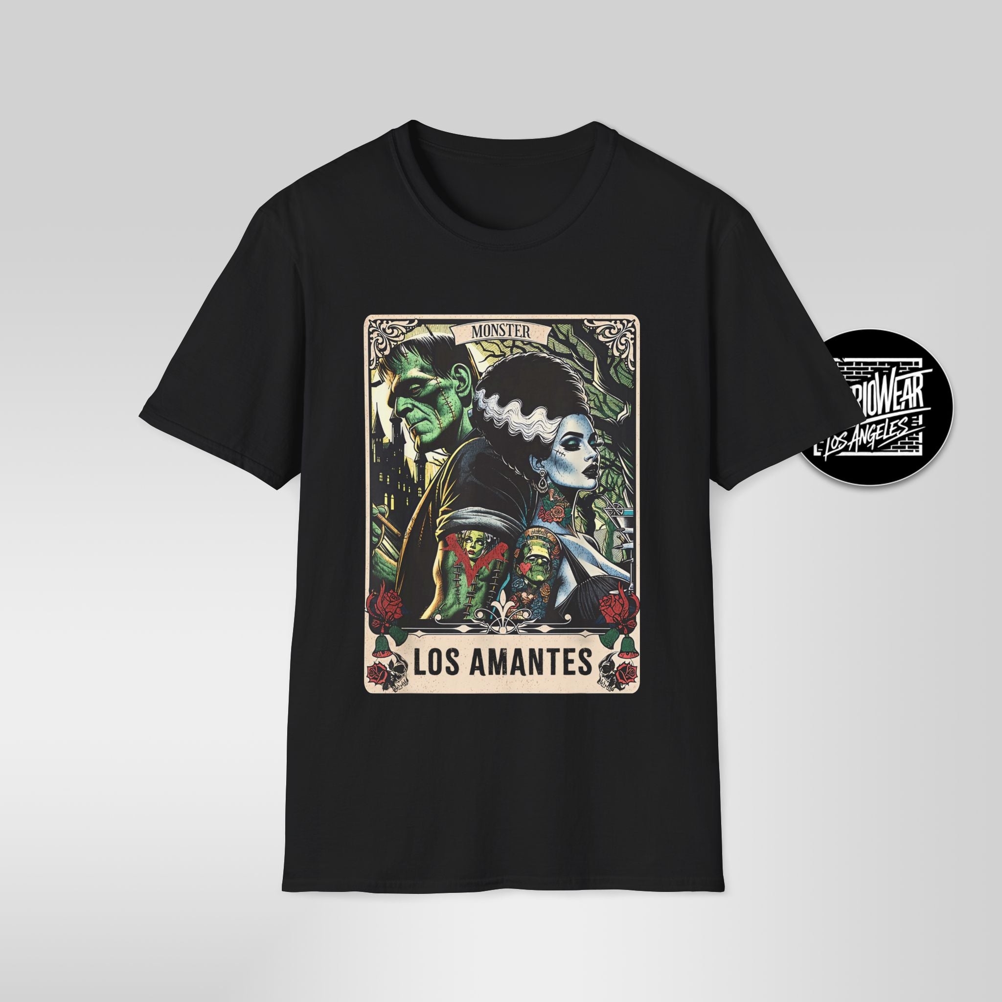 Los Amantes – Lotería Style Frankenstein & Bride Halloween Tee