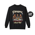 Black sweatshirt with 'Chingona Social Club' graphic design on a gray background
