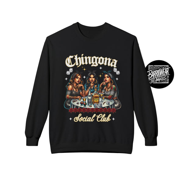 Black sweatshirt with 'Chingona Social Club' graphic design on a gray background
