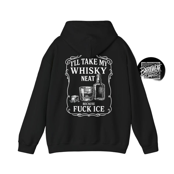 Black hoodie with whiskey graphic and text on a white background