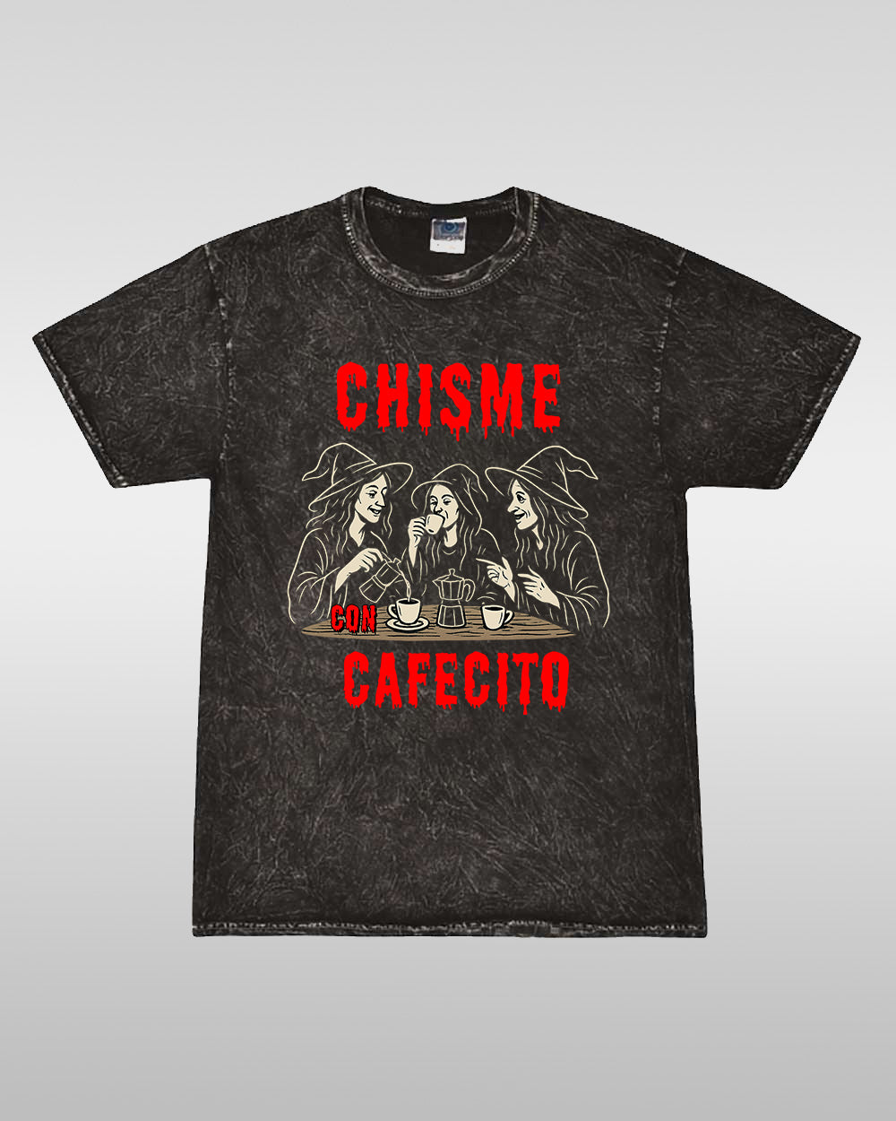 Black t-shirt with graphic design and text on a gray background