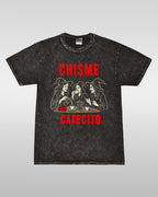 Black t-shirt with graphic design and text on a gray background