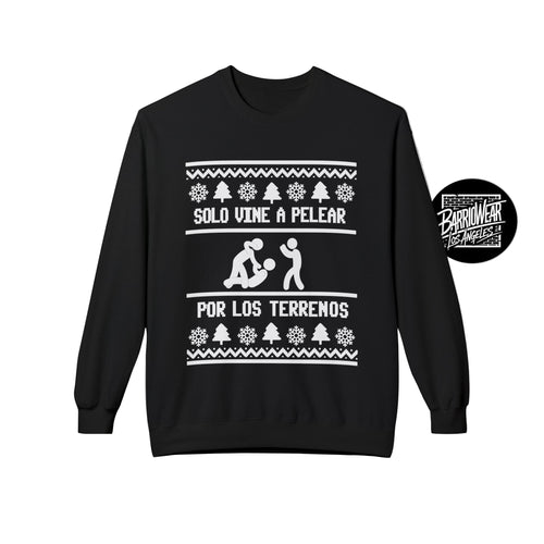 Black sweatshirt with white text and graphics on a gray background