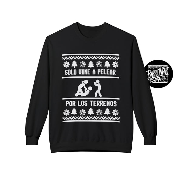 Black sweatshirt with white text and graphics on a gray background