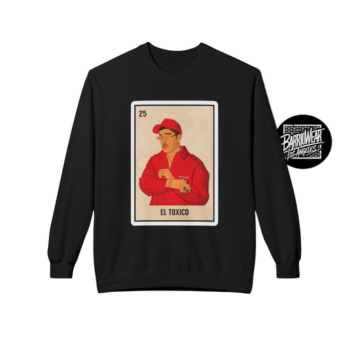 Black sweatshirt with 'El Toxico' graphic design on a gray background