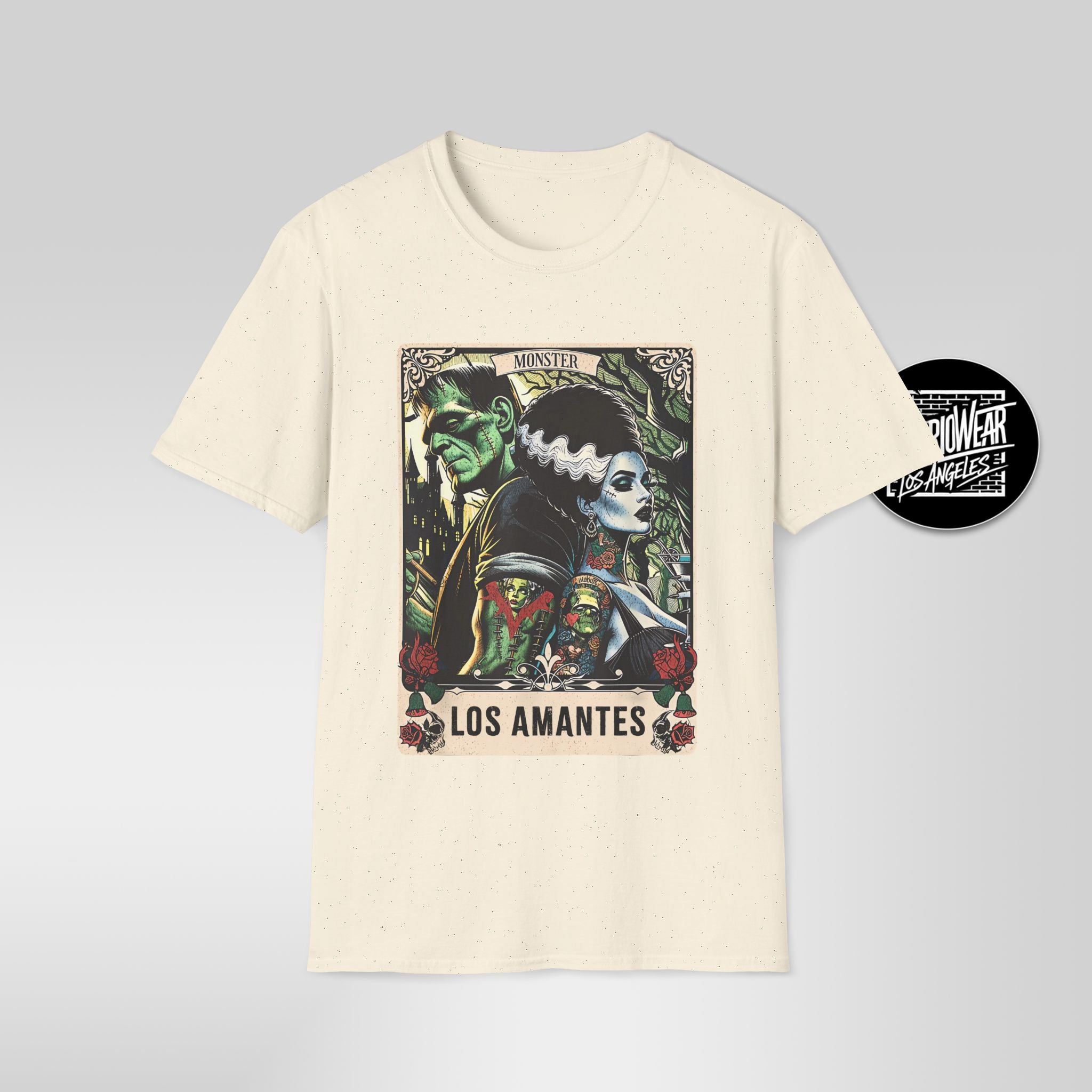 Los Amantes – Lotería Style Frankenstein & Bride Halloween Tee