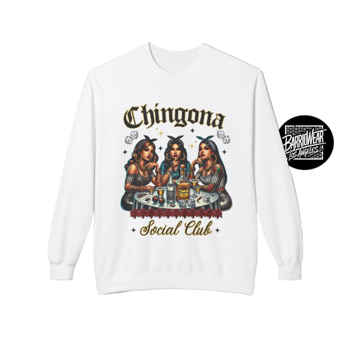 White sweatshirt with 'Chingona Social Club' design featuring three women at a table on a gray background.