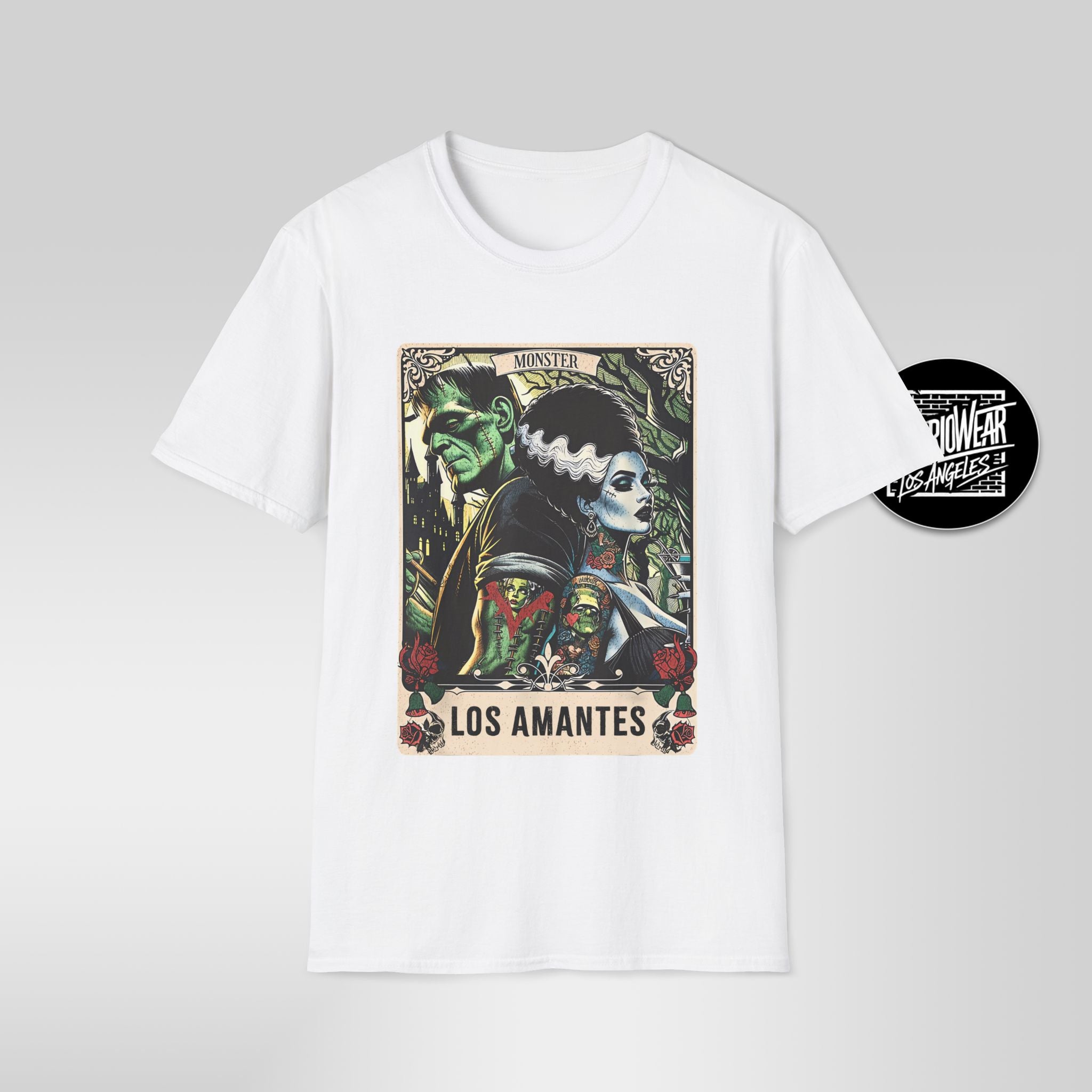 Los Amantes – Lotería Style Frankenstein & Bride Halloween Tee