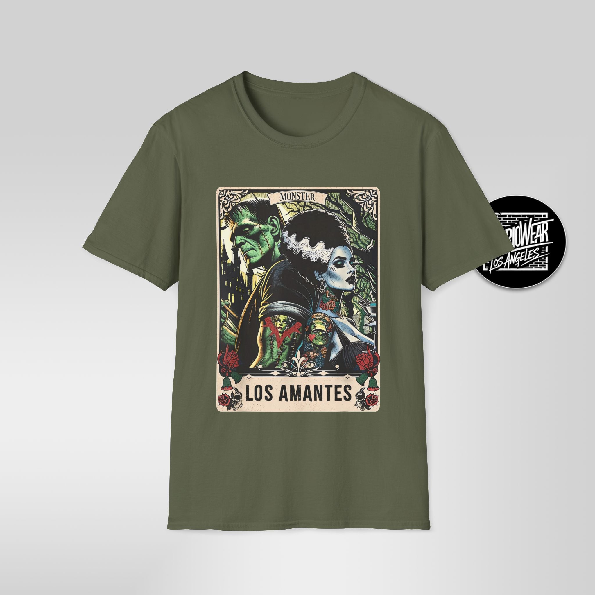Los Amantes – Lotería Style Frankenstein & Bride Halloween Tee