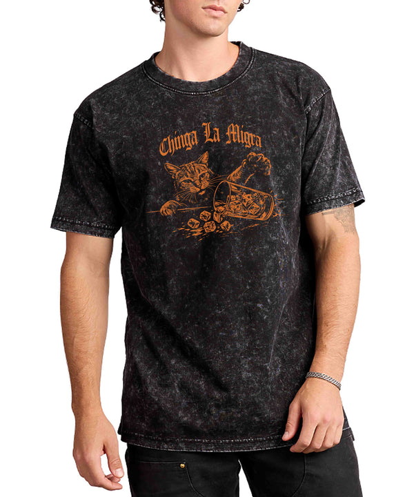 Person wearing a black t-shirt with a graphic design on a white background