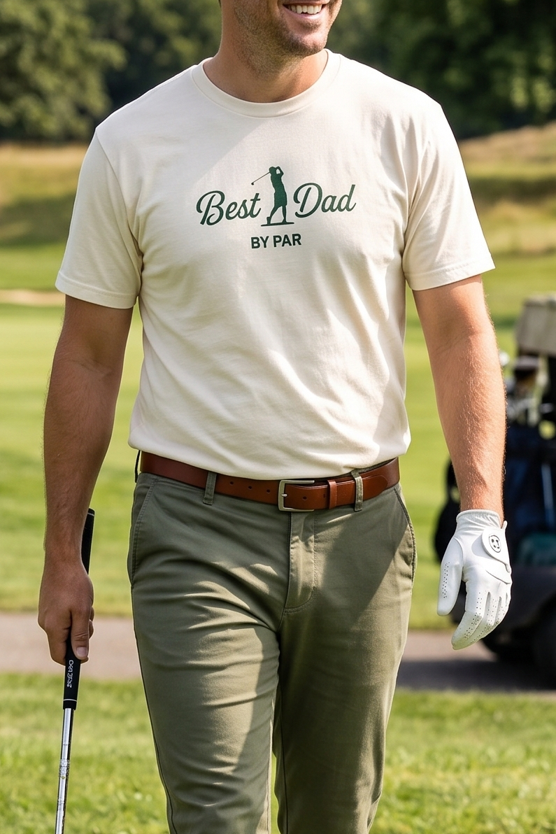 Man walking on a golf course holding a golf club, wearing a 'Best Dad by Far' t-shirt.
