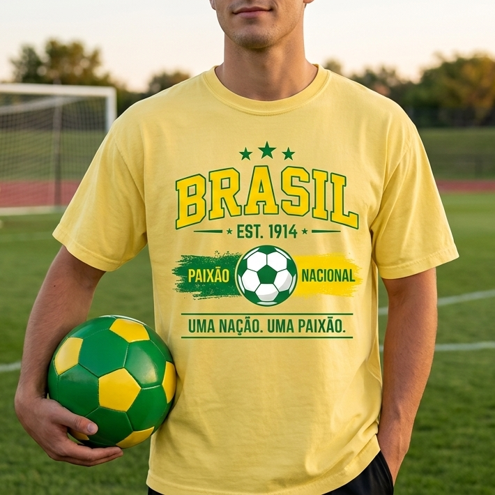 Person wearing a yellow 'Brásíl' t-shirt holding a soccer ball on a sports field.