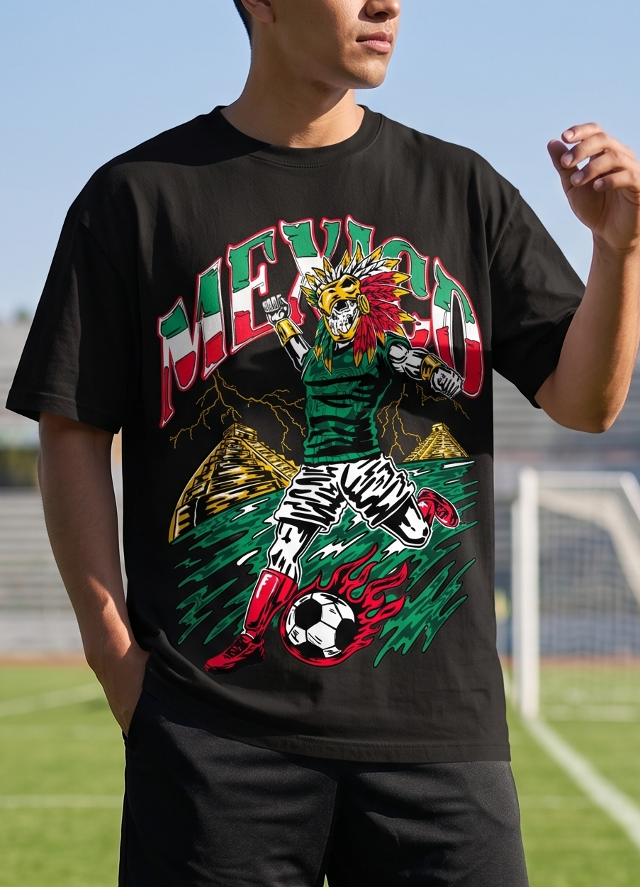Person wearing a black t-shirt with a colorful graphic design on a soccer field