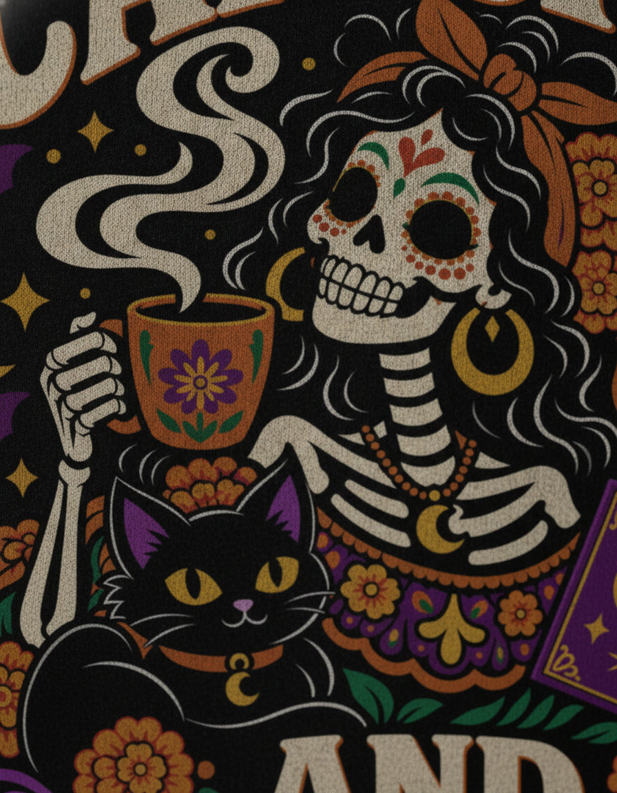Cafecito and Brujería Sugar Skull Graphic Tee — Close-up