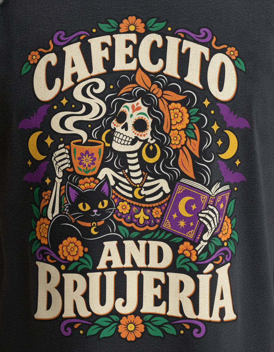 Cafecito and Brujería Sugar Skull Graphic Tee — Graphic detail