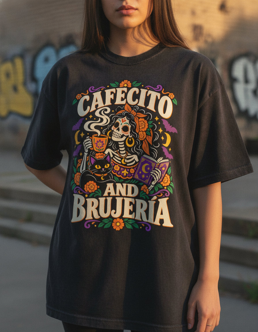 Cafecito and Brujería Sugar Skull Graphic Tee — Hero shot