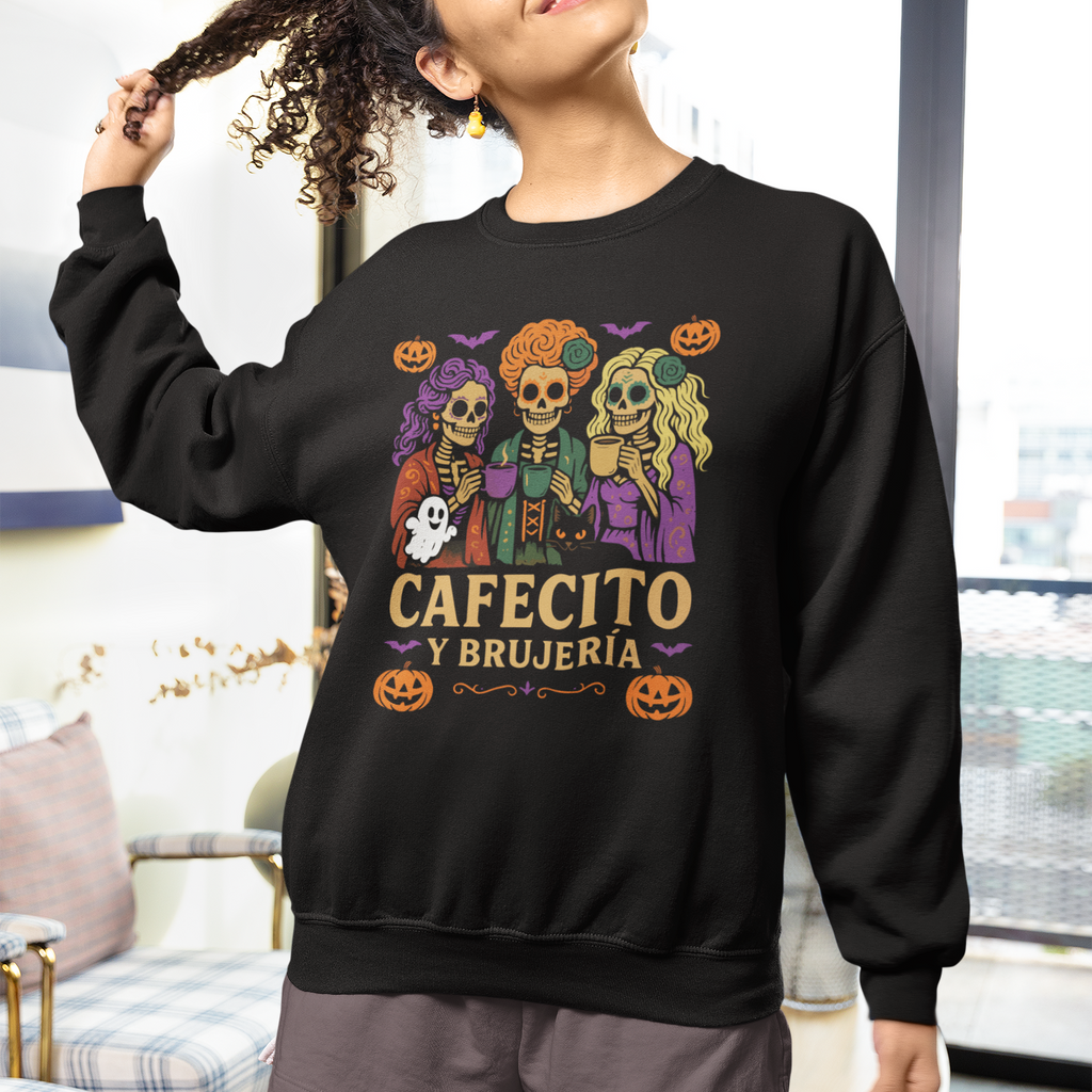 Woman wearing a black sweatshirt with Halloween-themed design and text in a living room.