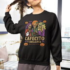 Woman wearing a black sweatshirt with Halloween-themed design and text in a living room.