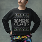 Person wearing a black sweater with 'Sancho Claus' text and colorful pants against a gray background
