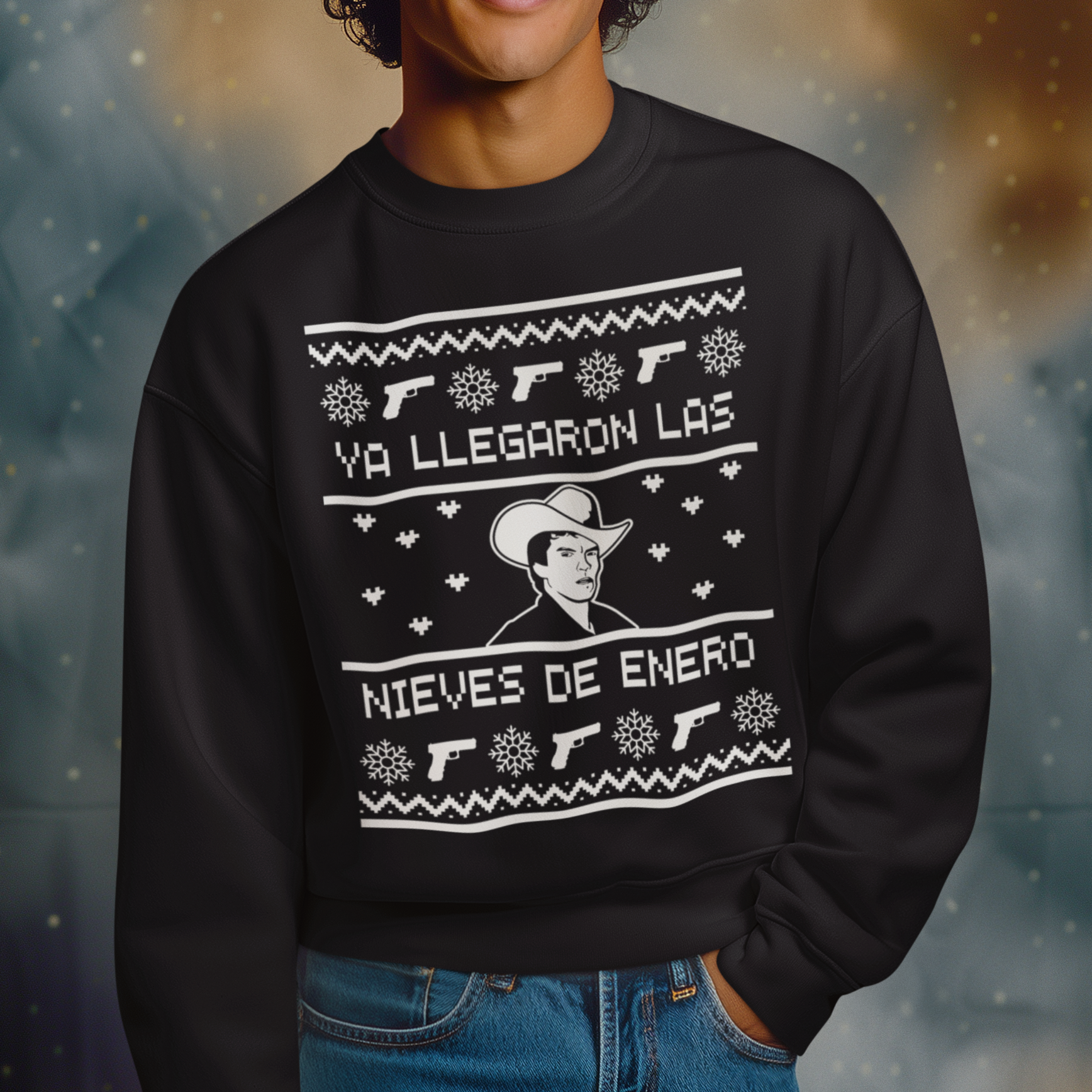 Person wearing a black sweater with a festive chalino sanchez design and Santa hat against a blurred snowy background