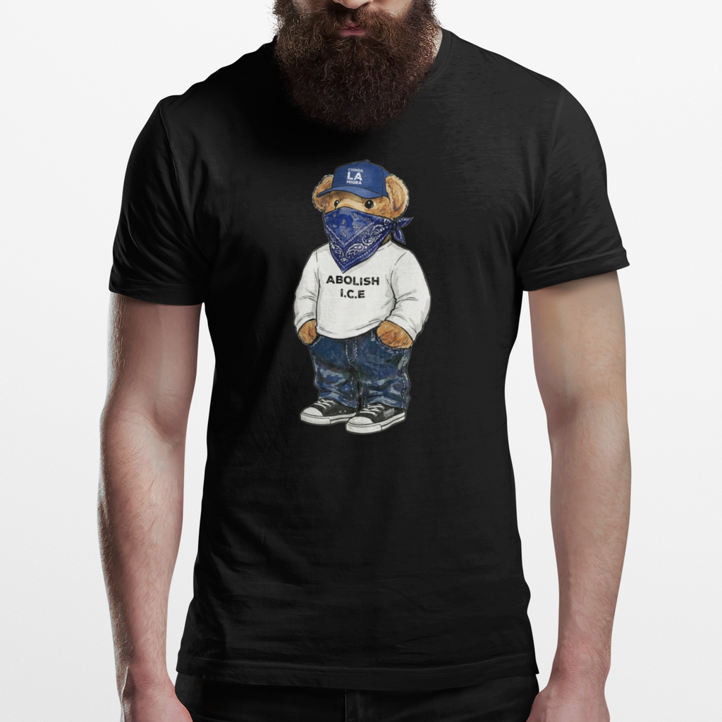 Man wearing a black t-shirt with a bear graphic and sunglasses on a white background