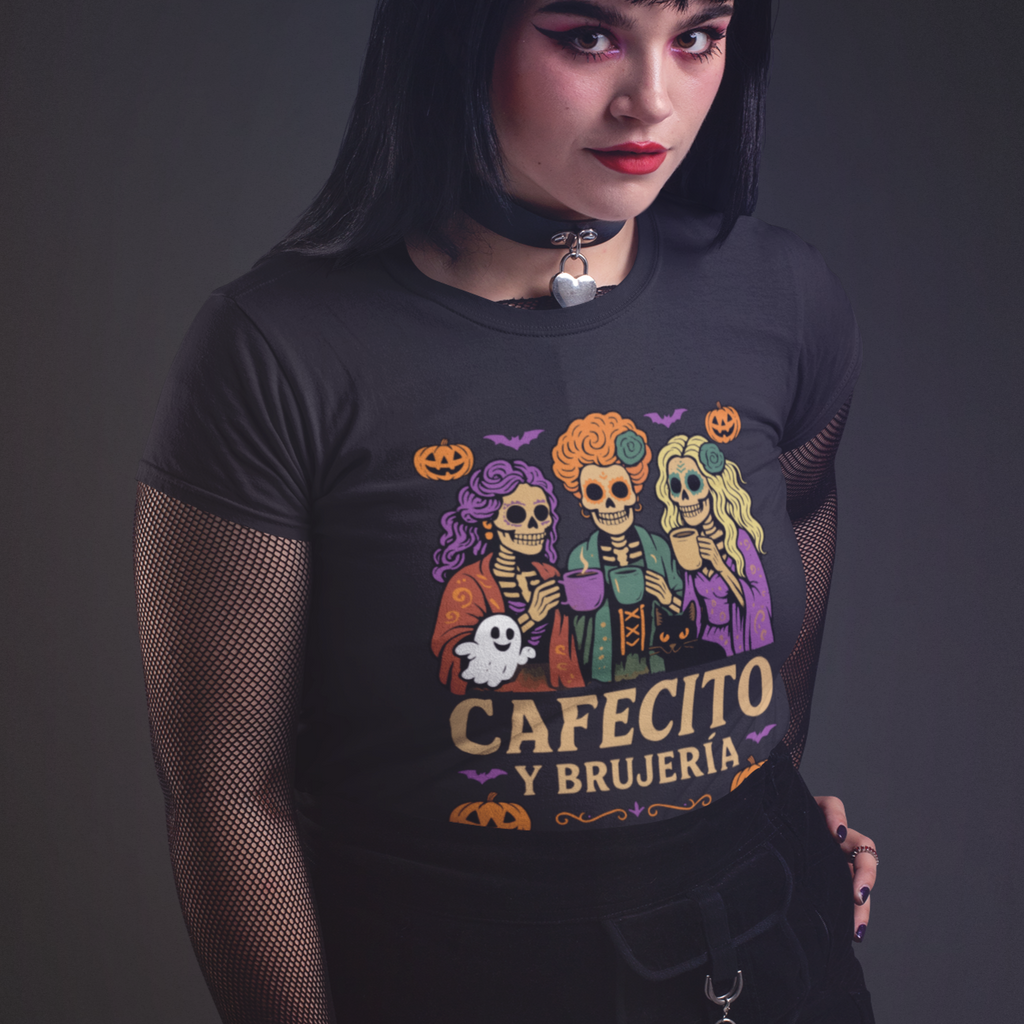 Person wearing a black t-shirt with colorful graphic design and text on a dark background