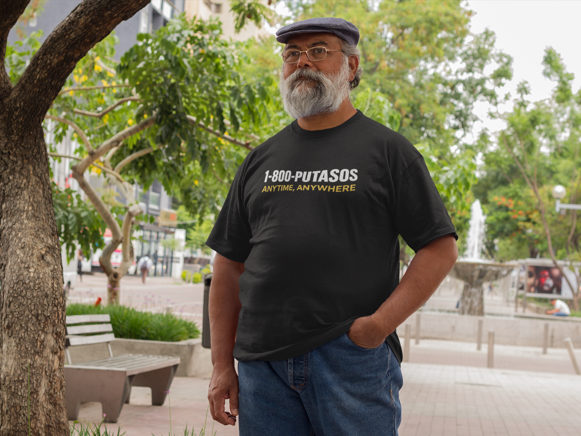 1-800-PUTASOS Funny Latino Graphic Tee – Chicano Humor “Anytime, Anywhere” Shirt